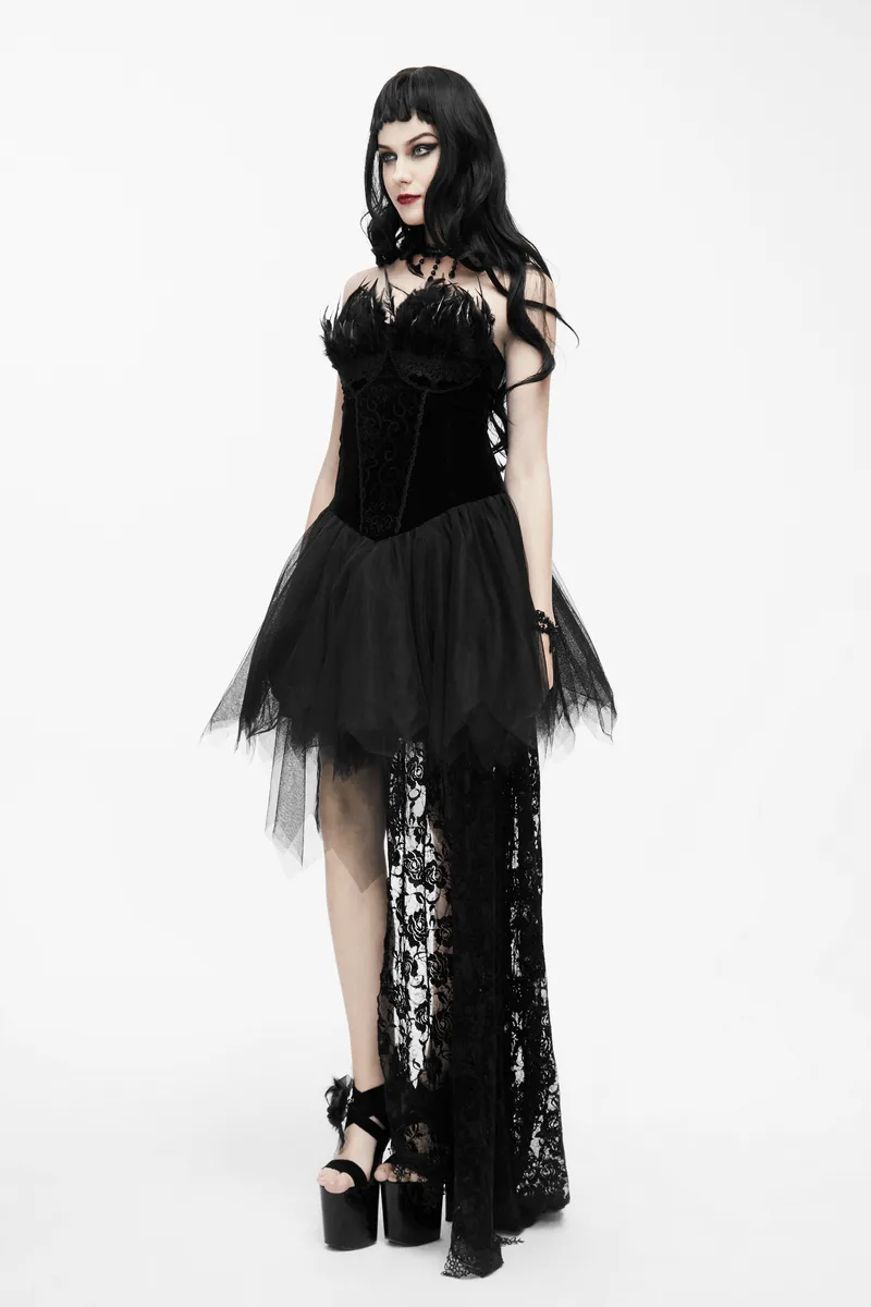 Strapless Dress With Lace Train / Gothic Asymmetry Hem Dress with Feathers