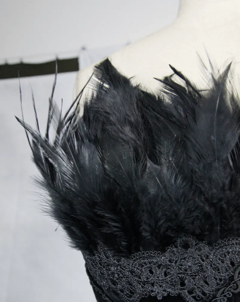 Strapless Dress With Lace Train / Gothic Asymmetry Hem Dress with Feathers