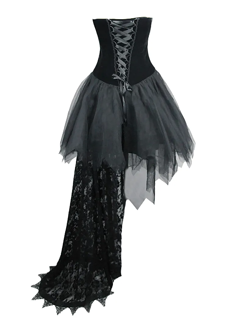 Strapless Dress With Lace Train / Gothic Asymmetry Hem Dress with Feathers