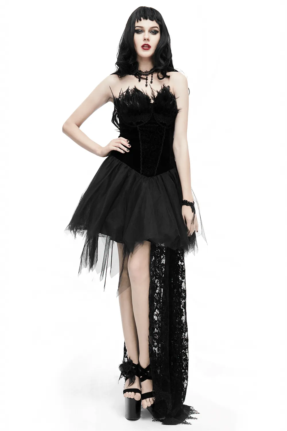Strapless Dress With Lace Train / Gothic Asymmetry Hem Dress with Feathers