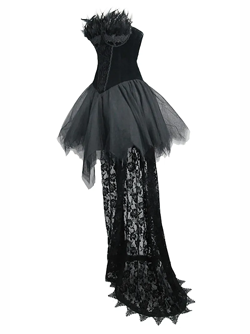 Strapless Dress With Lace Train / Gothic Asymmetry Hem Dress with Feathers