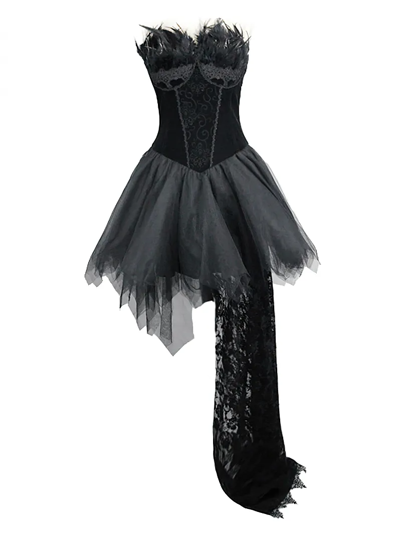 Strapless Dress With Lace Train / Gothic Asymmetry Hem Dress with Feathers