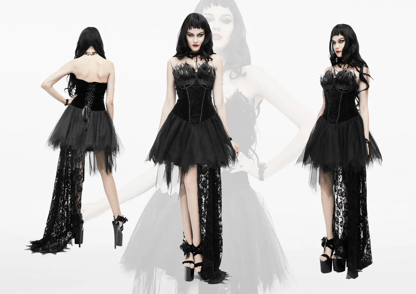 Strapless Dress With Lace Train / Gothic Asymmetry Hem Dress with Feathers