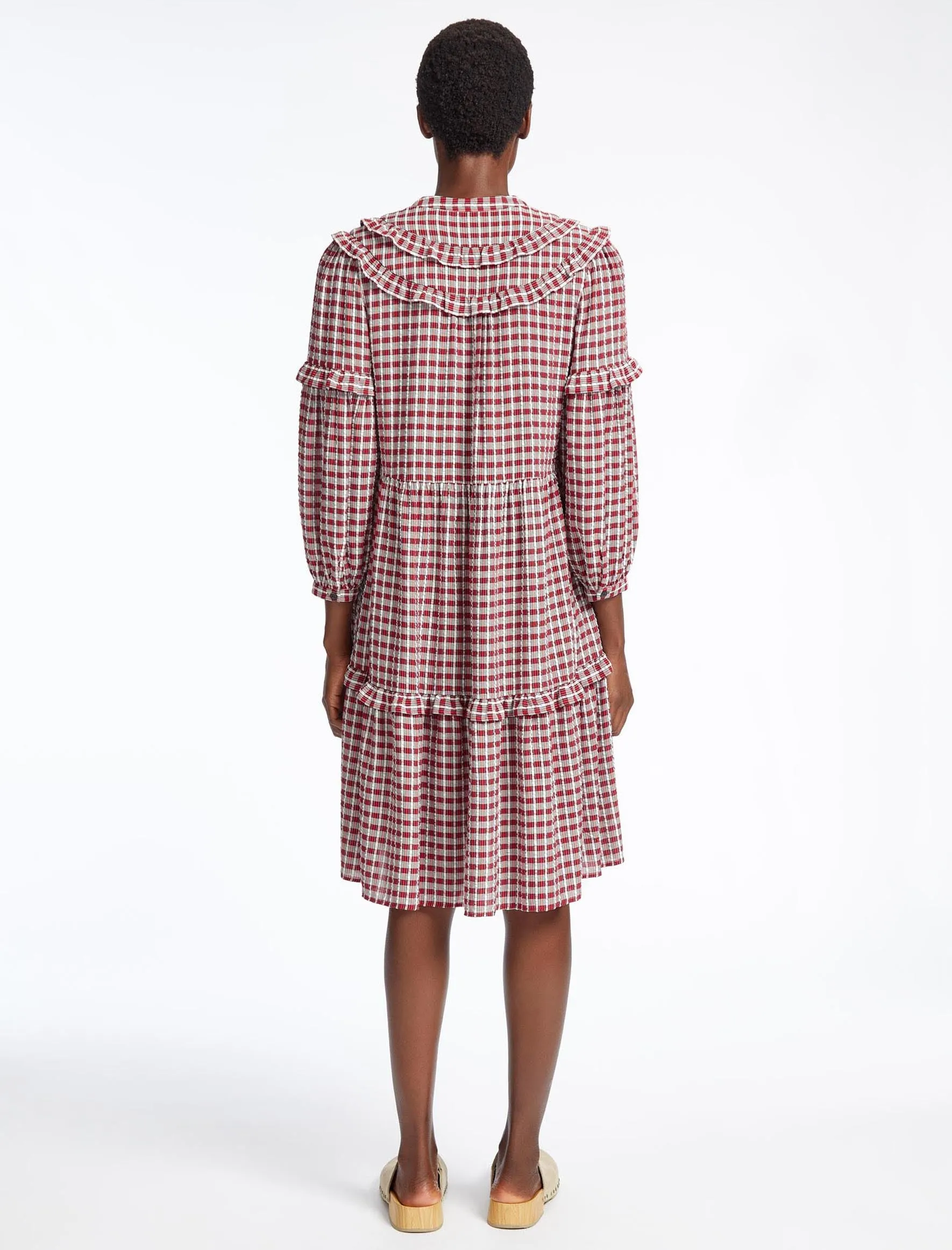 Suki Organic Cotton Seersucker Midi Dress - Red White Check