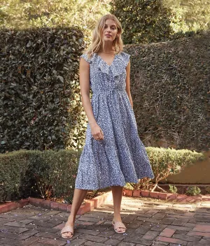 The Coastal Poplin Ruffle-Neck Midi Dress - Main