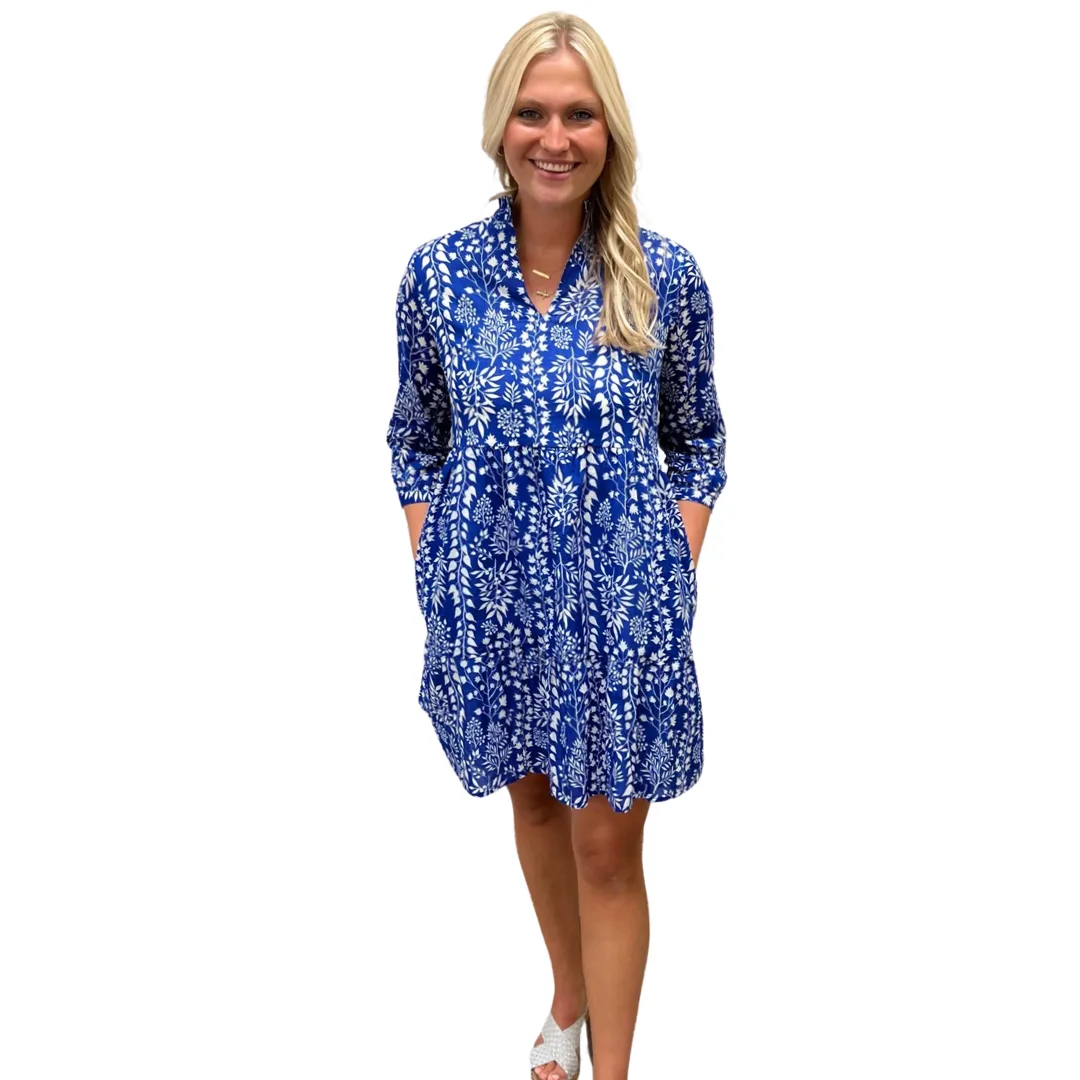 The Marnie Notch Neck Cotton Dress in Royal Blue Floral