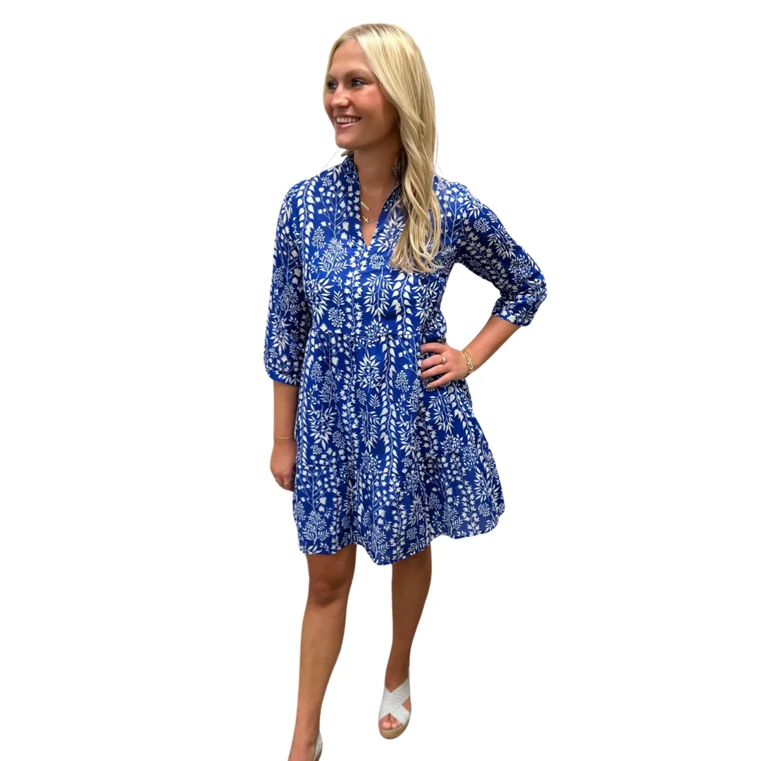 The Marnie Notch Neck Cotton Dress in Royal Blue Floral