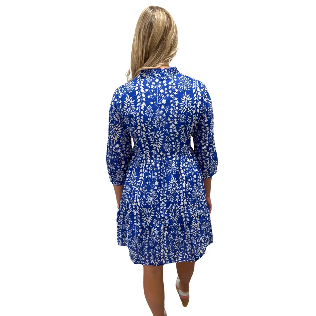 The Marnie Notch Neck Cotton Dress in Royal Blue Floral