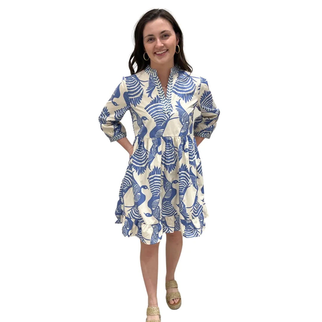 The Morley Cotton Bird Print Beach Dress in Periwinkle Blue