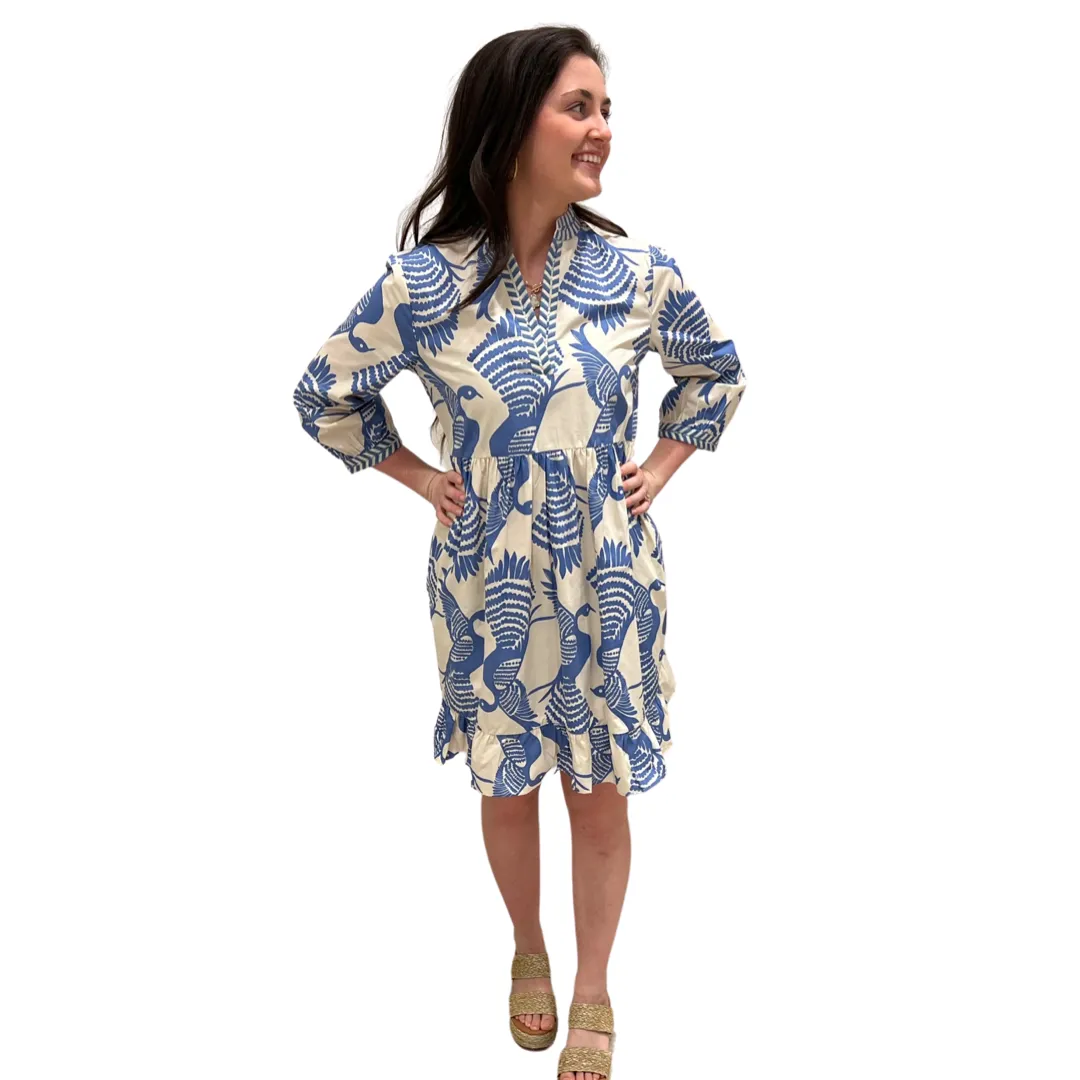The Morley Cotton Bird Print Beach Dress in Periwinkle Blue