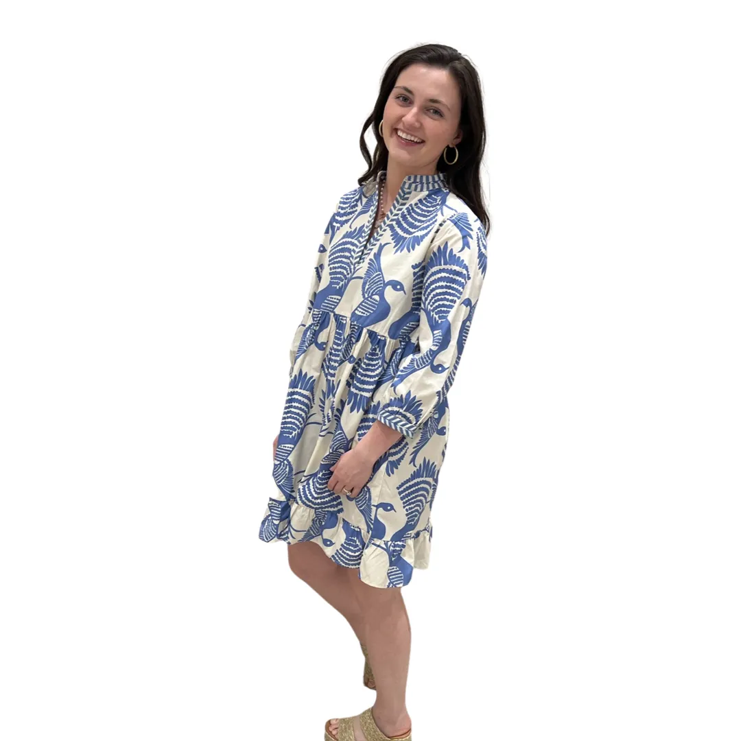 The Morley Cotton Bird Print Beach Dress in Periwinkle Blue