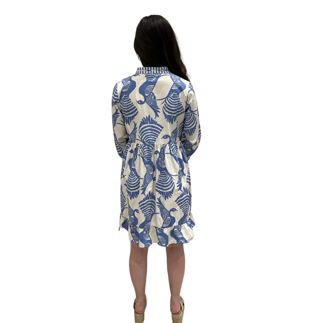 The Morley Cotton Bird Print Beach Dress in Periwinkle Blue