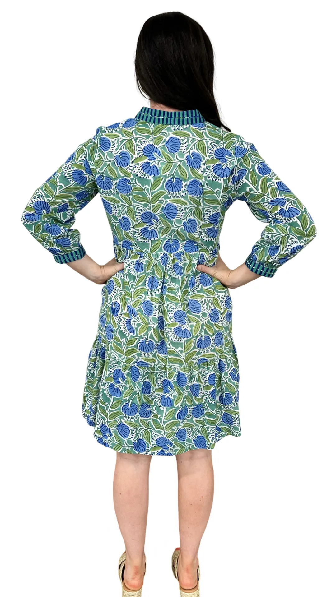 The Naomi Hand Block Printed Embroidered Trim Floral Dress in Green and Blue