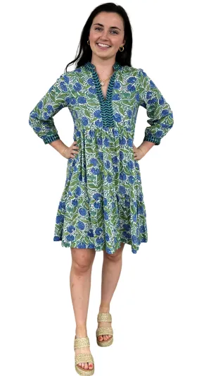 The Naomi Hand Block Printed Embroidered Trim Floral Dress in Green and Blue