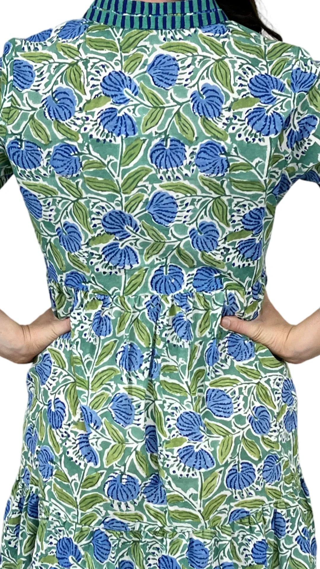 The Naomi Hand Block Printed Embroidered Trim Floral Dress in Green and Blue