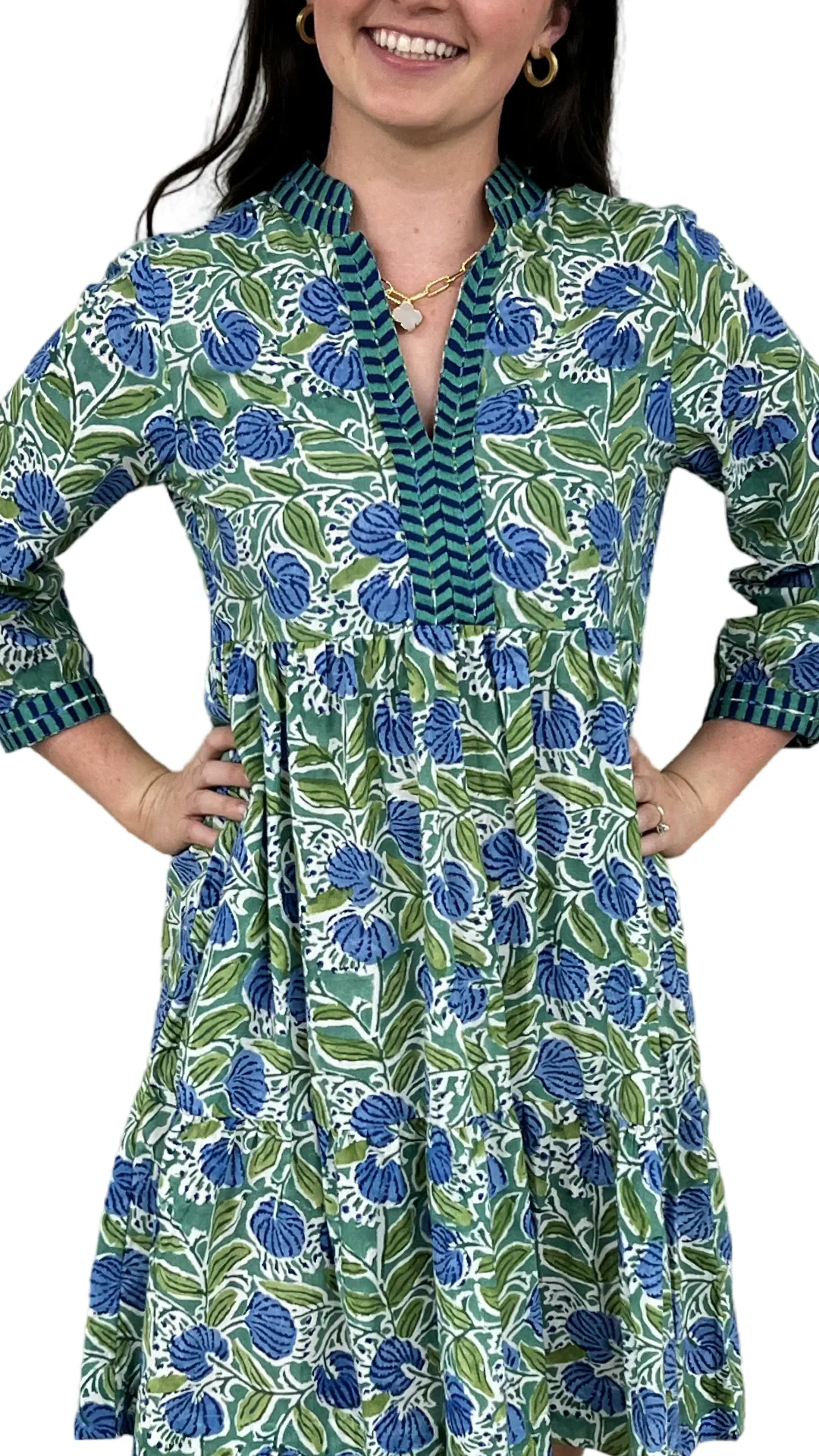 The Naomi Hand Block Printed Embroidered Trim Floral Dress in Green and Blue