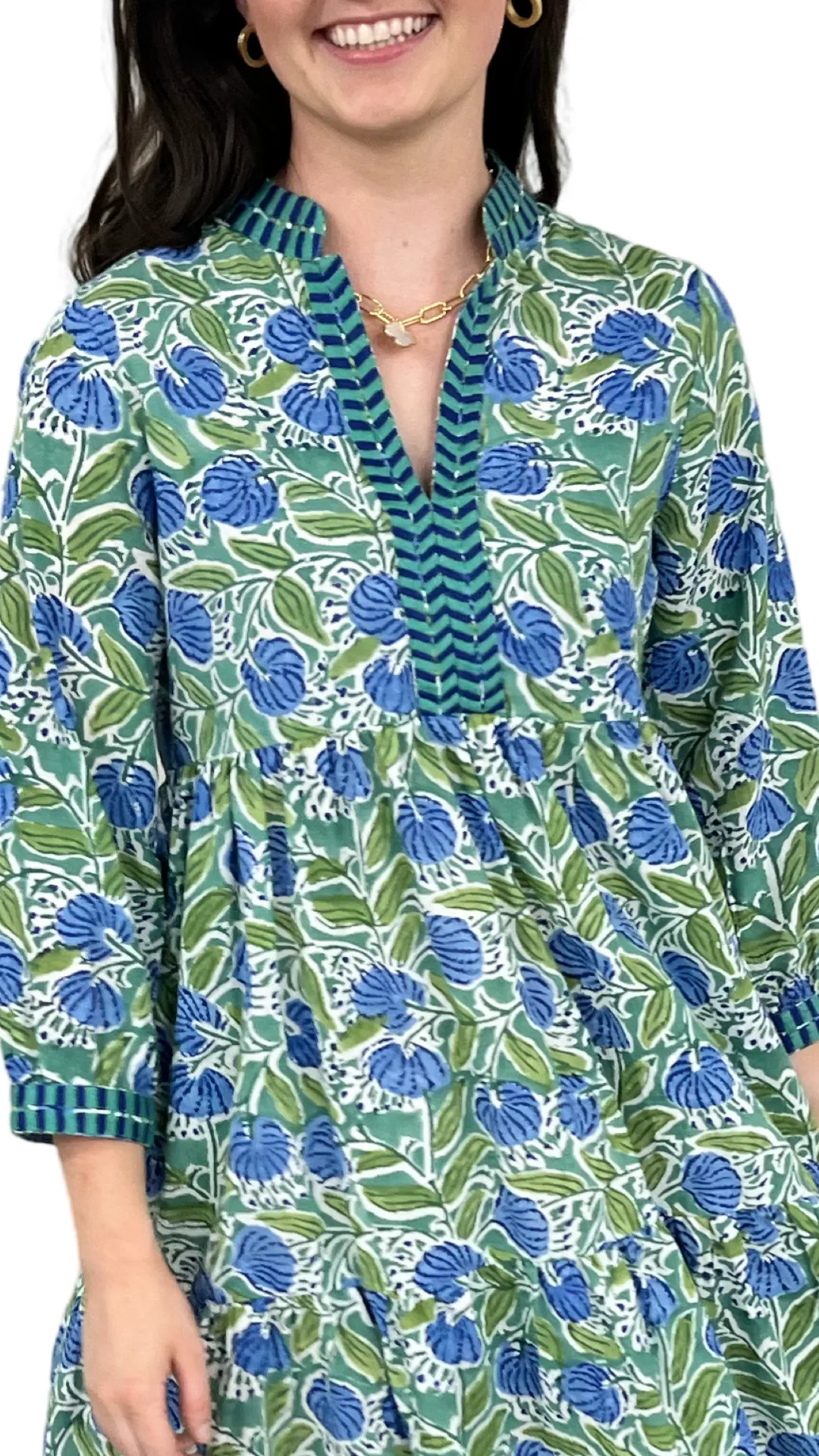 The Naomi Hand Block Printed Embroidered Trim Floral Dress in Green and Blue