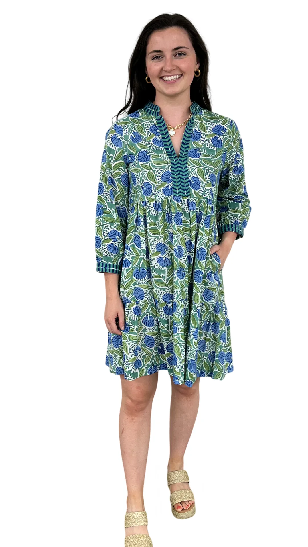 The Naomi Hand Block Printed Embroidered Trim Floral Dress in Green and Blue