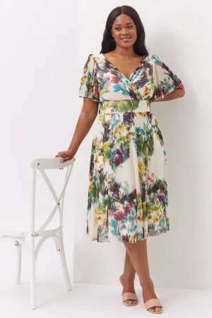 Victoria Cream Multi Angel Sleeve Mesh Midi Dress