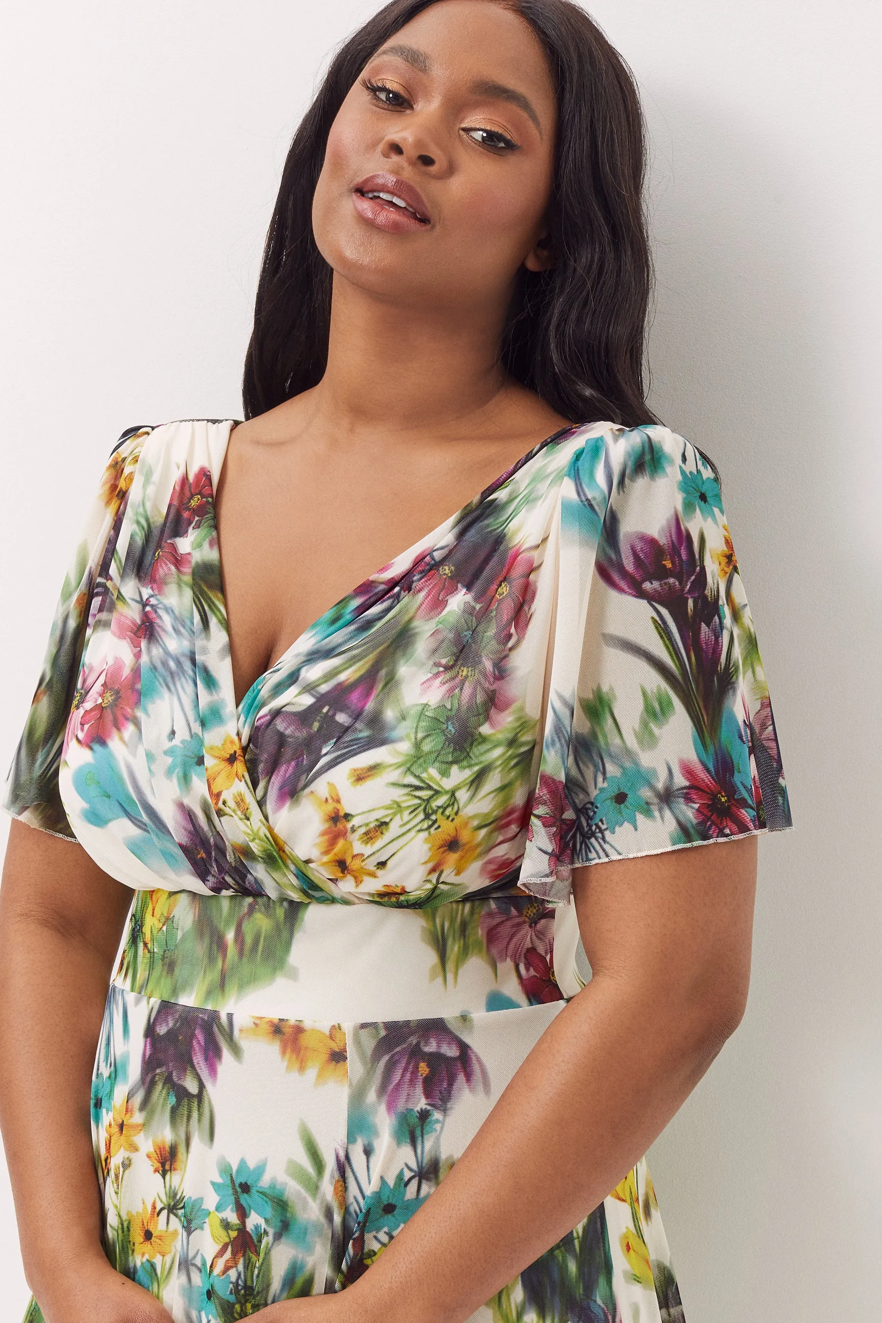 Victoria Cream Multi Angel Sleeve Mesh Midi Dress