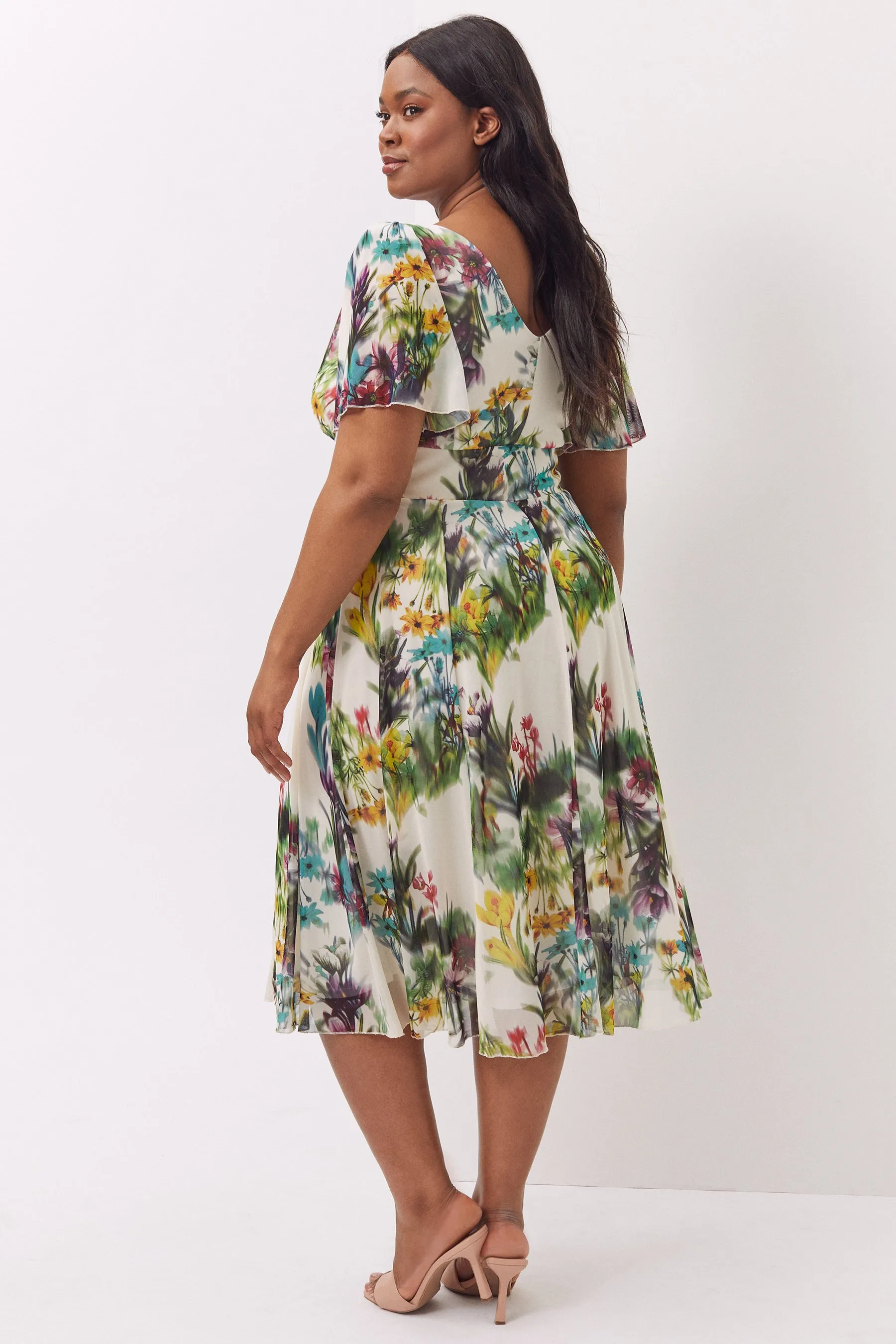Victoria Cream Multi Angel Sleeve Mesh Midi Dress