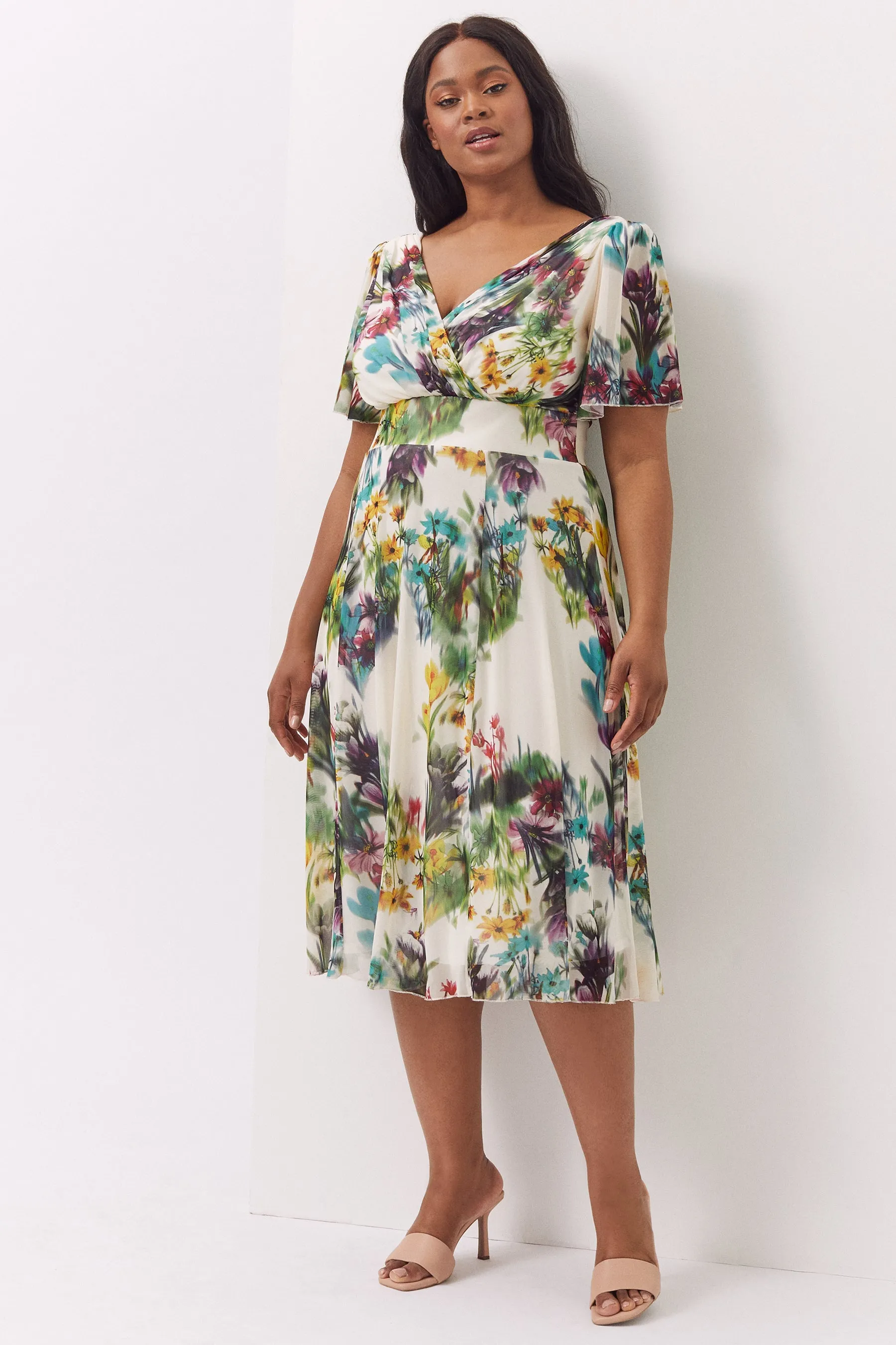 Victoria Cream Multi Angel Sleeve Mesh Midi Dress