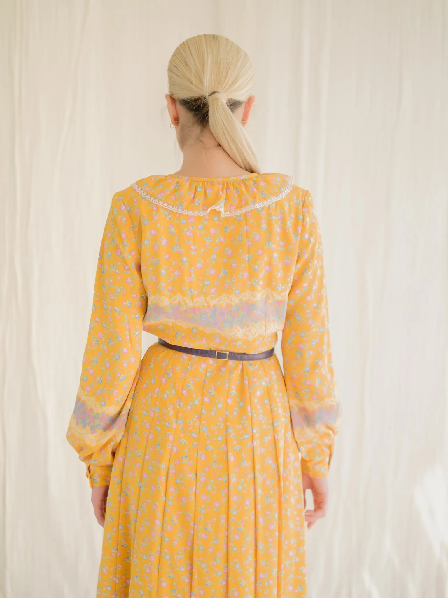 Vintage Chiffon Ditsy Floral Print Pleated Yellow Maxi Dress