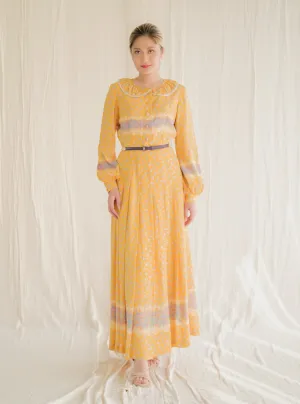 Vintage Chiffon Ditsy Floral Print Pleated Yellow Maxi Dress
