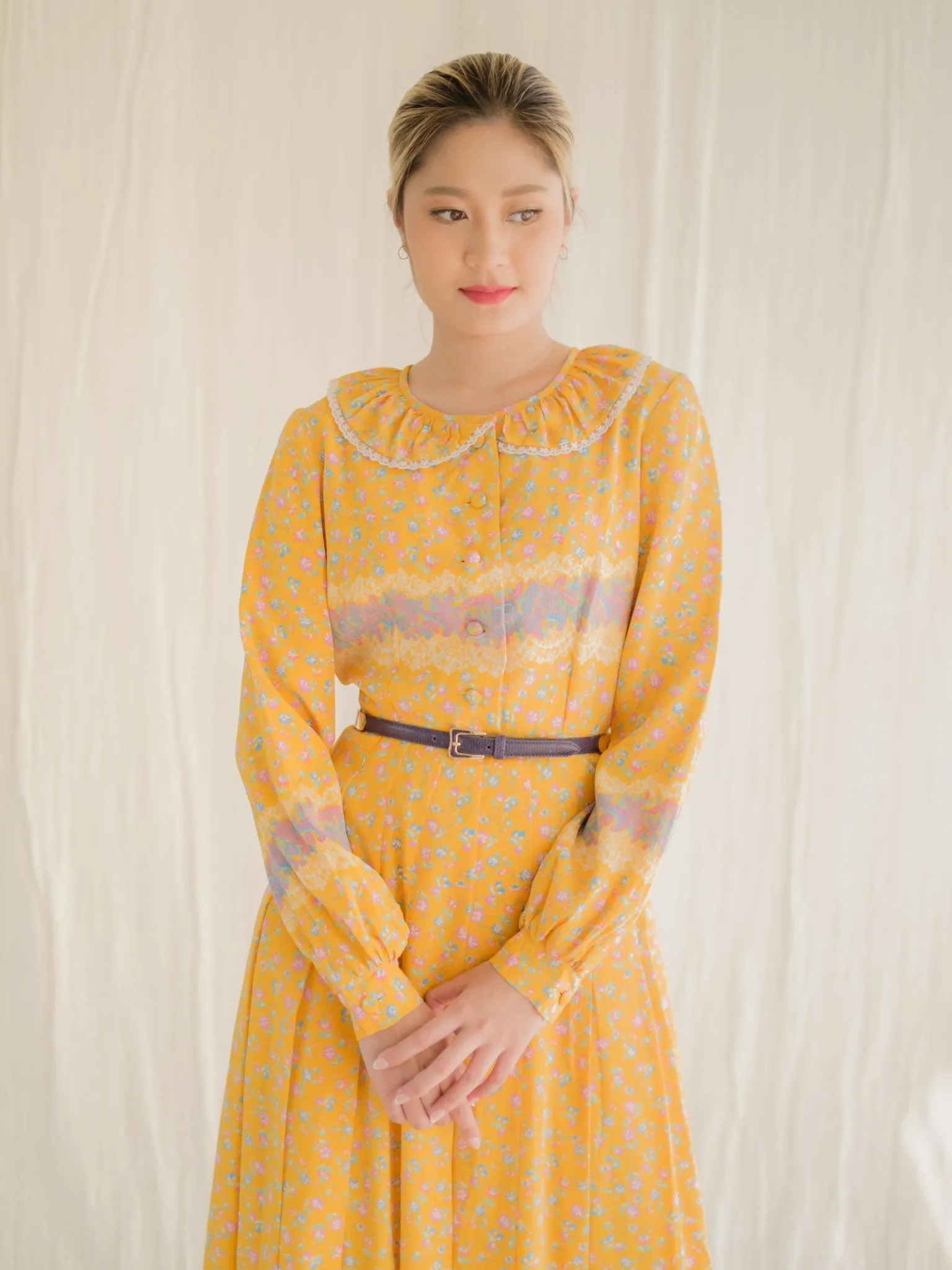Vintage Chiffon Ditsy Floral Print Pleated Yellow Maxi Dress