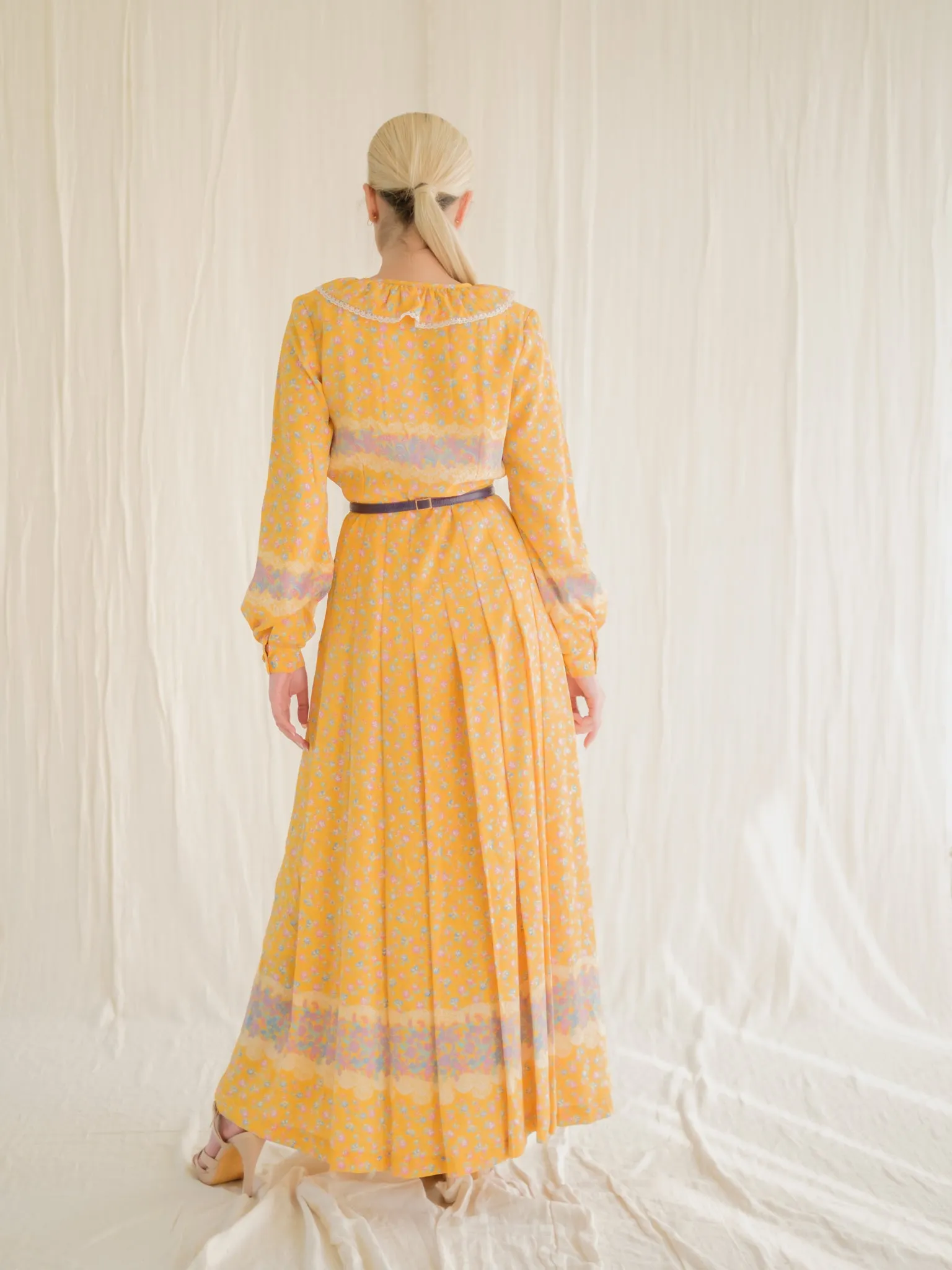 Vintage Chiffon Ditsy Floral Print Pleated Yellow Maxi Dress