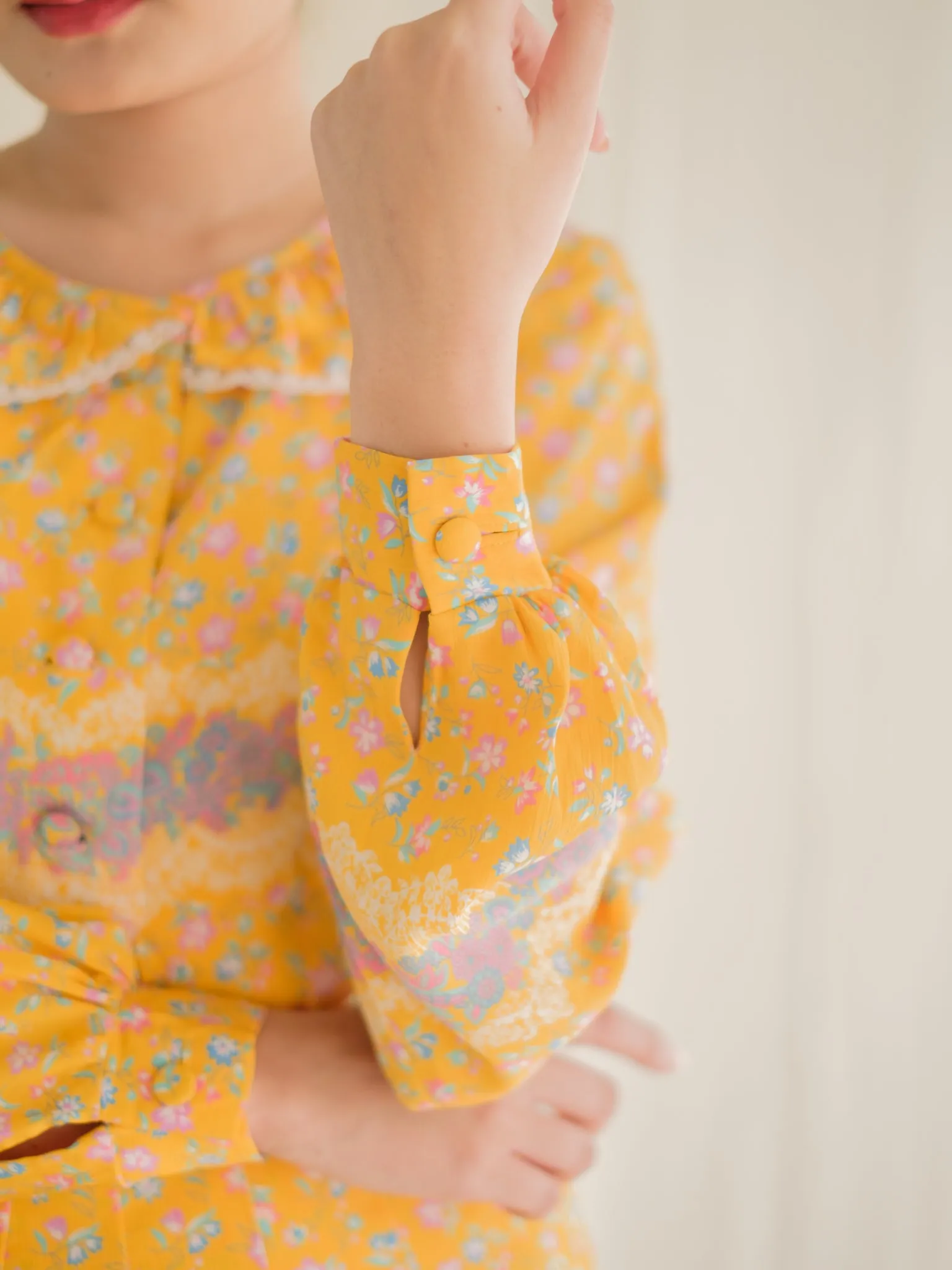 Vintage Chiffon Ditsy Floral Print Pleated Yellow Maxi Dress