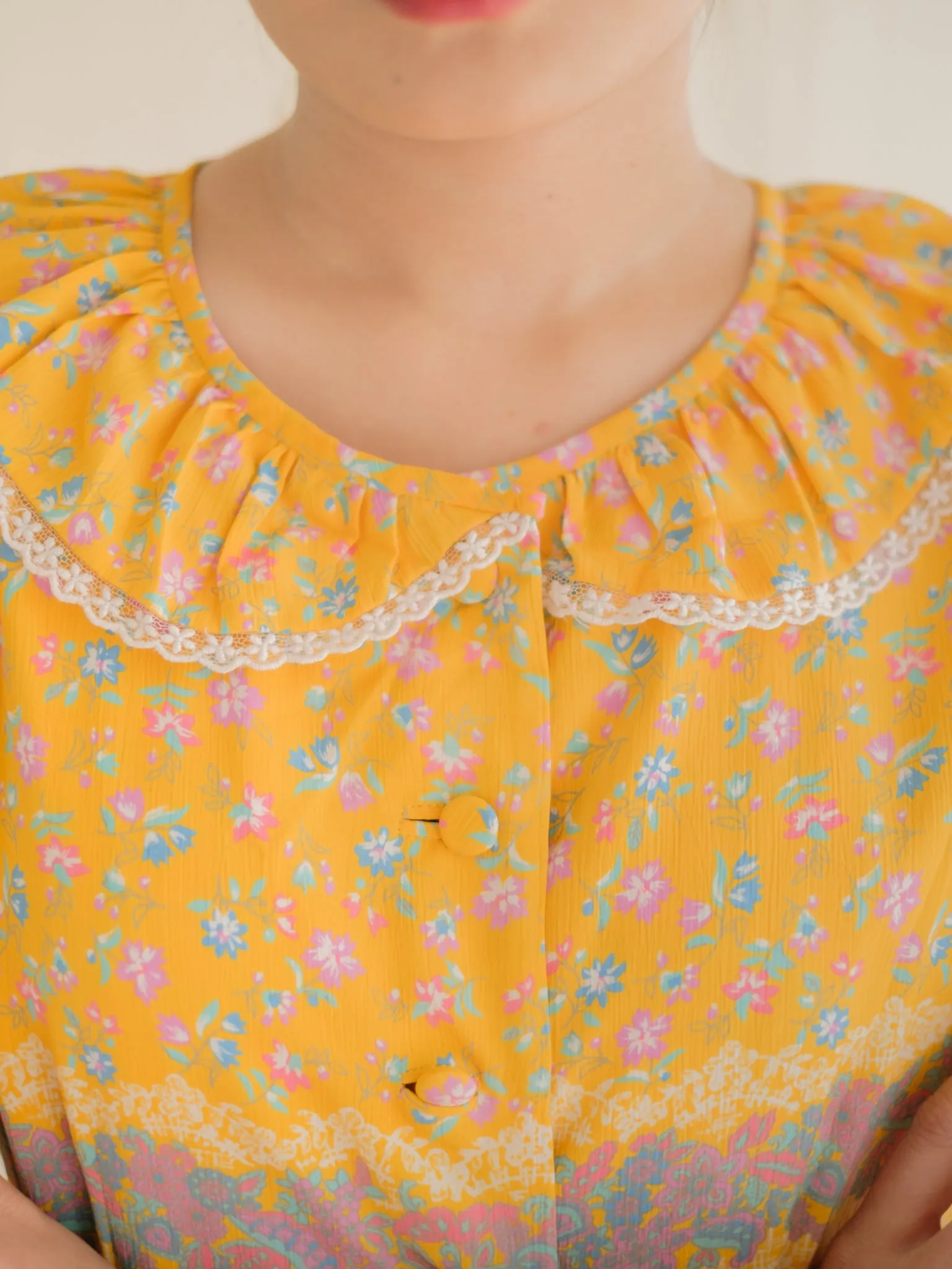 Vintage Chiffon Ditsy Floral Print Pleated Yellow Maxi Dress