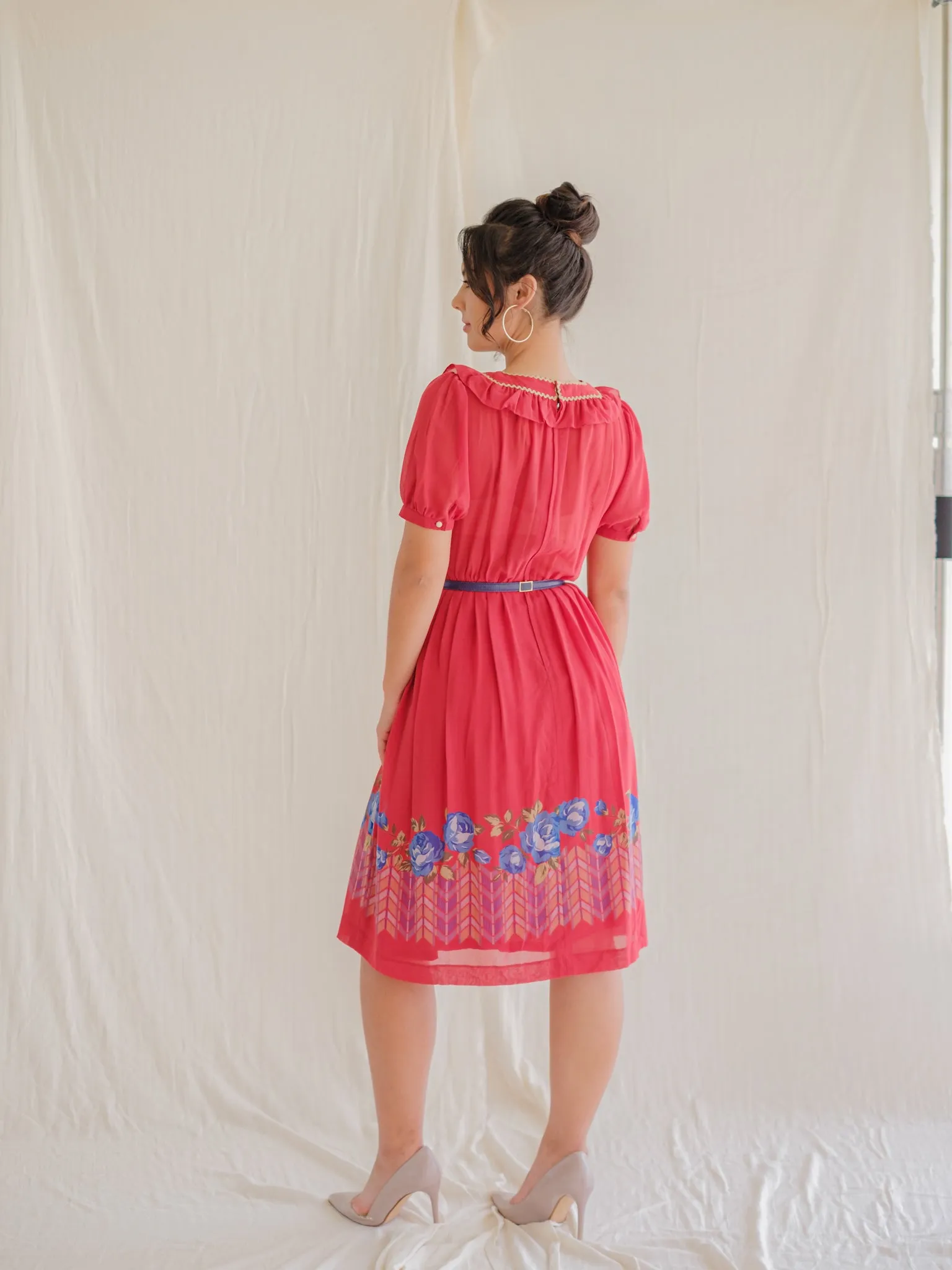 Vintage Red Polyester Cuff Sleeved Square Neck Midi Dress