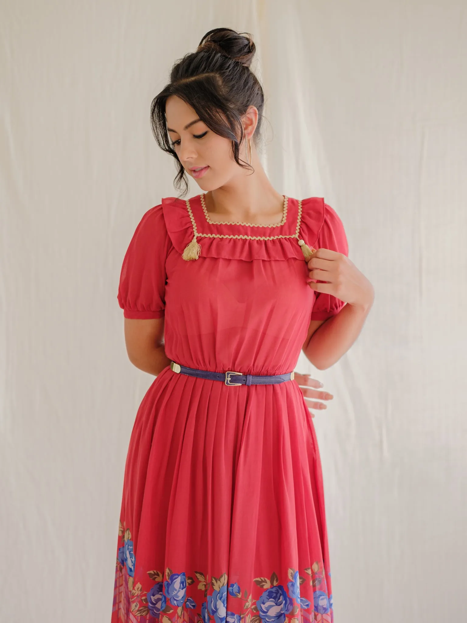 Vintage Red Polyester Cuff Sleeved Square Neck Midi Dress