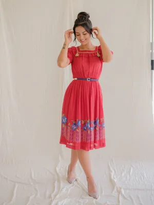 Vintage Red Polyester Cuff Sleeved Square Neck Midi Dress