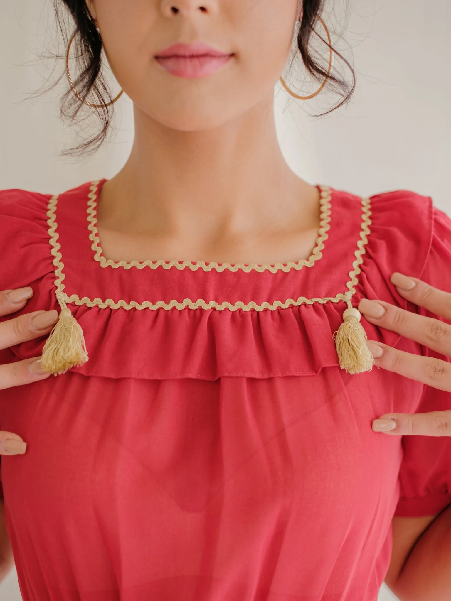 Vintage Red Polyester Cuff Sleeved Square Neck Midi Dress