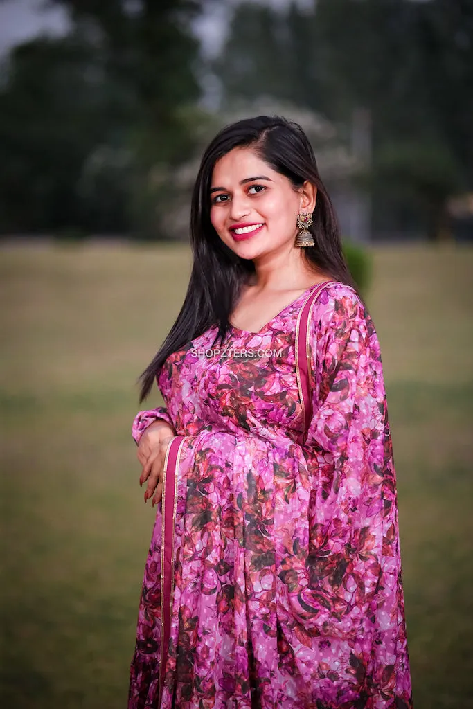 Wine Chiffon Floral Dress With Dupatta