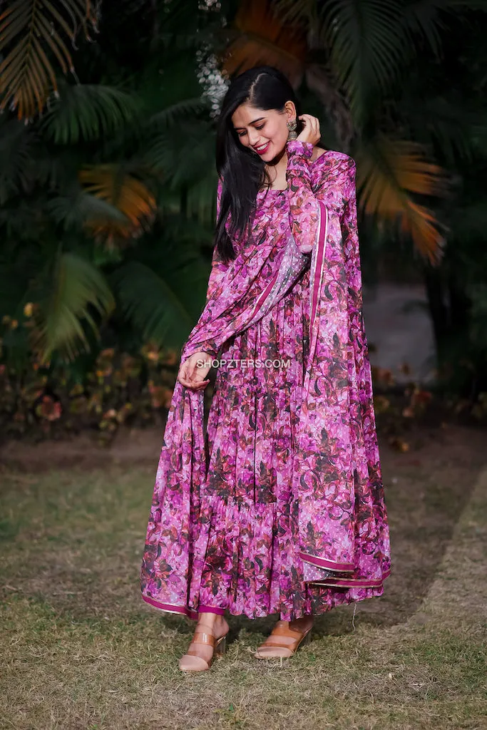Wine Chiffon Floral Dress With Dupatta