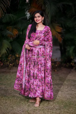Wine Chiffon Floral Dress With Dupatta