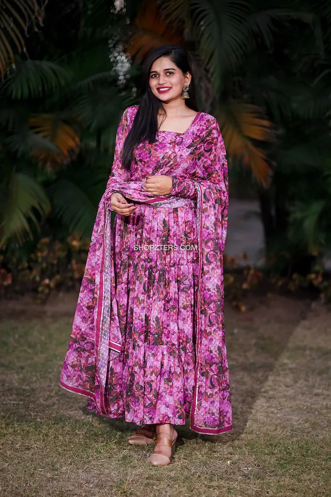 Wine Chiffon Floral Dress With Dupatta