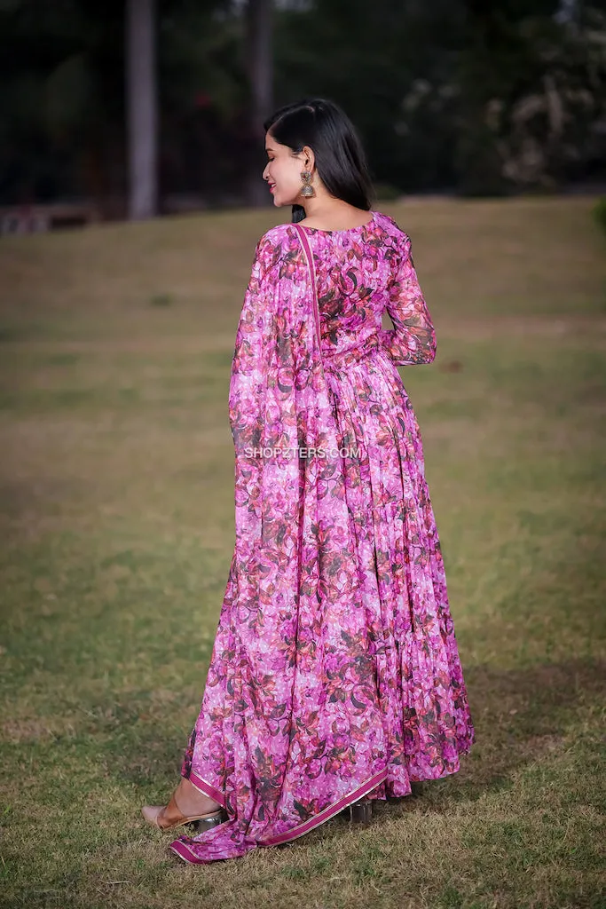 Wine Chiffon Floral Dress With Dupatta