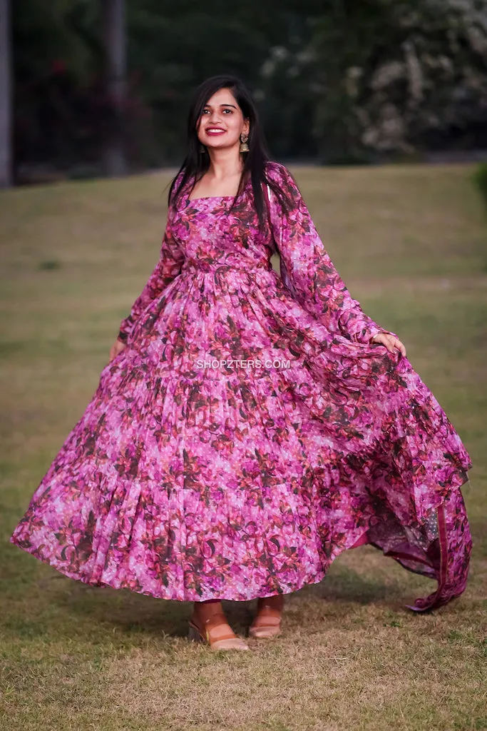 Wine Chiffon Floral Dress With Dupatta
