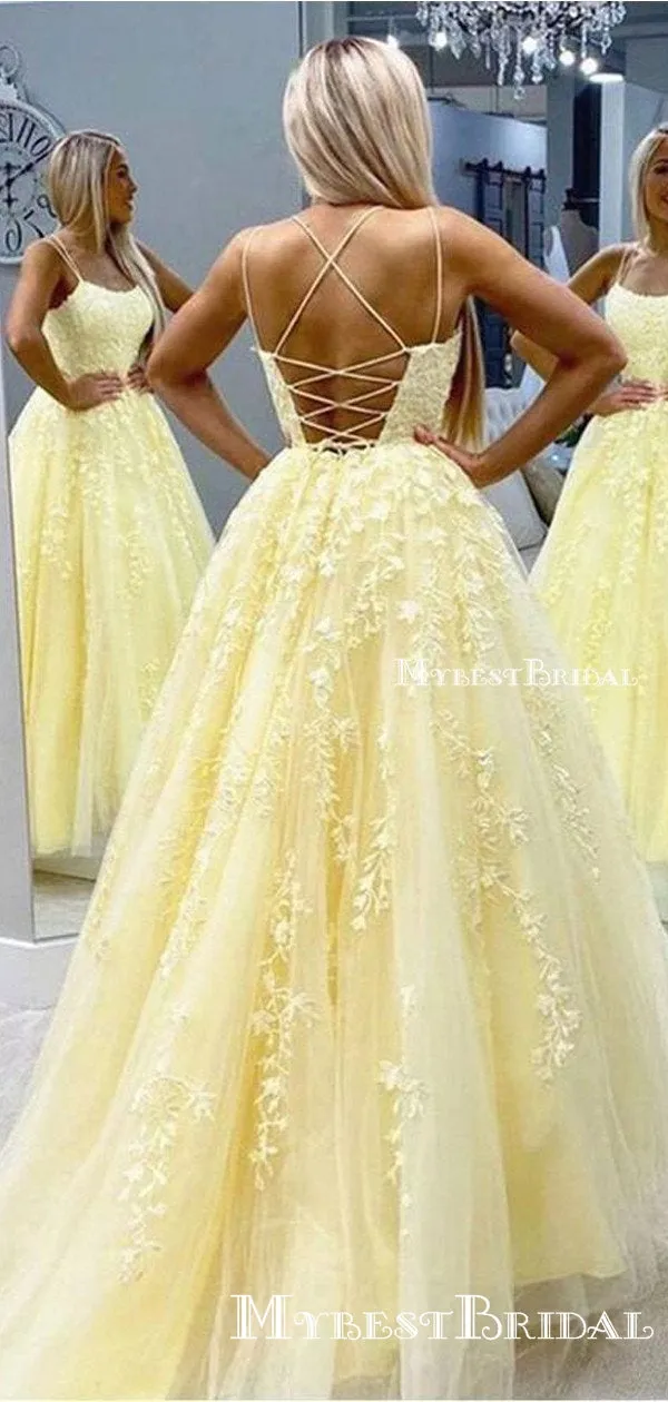 Youthful Yellow Tulle Lace Appliques Spaghetti Strap Long Prom Dress Formal Party Gowns Prom Dresses, PDS0057